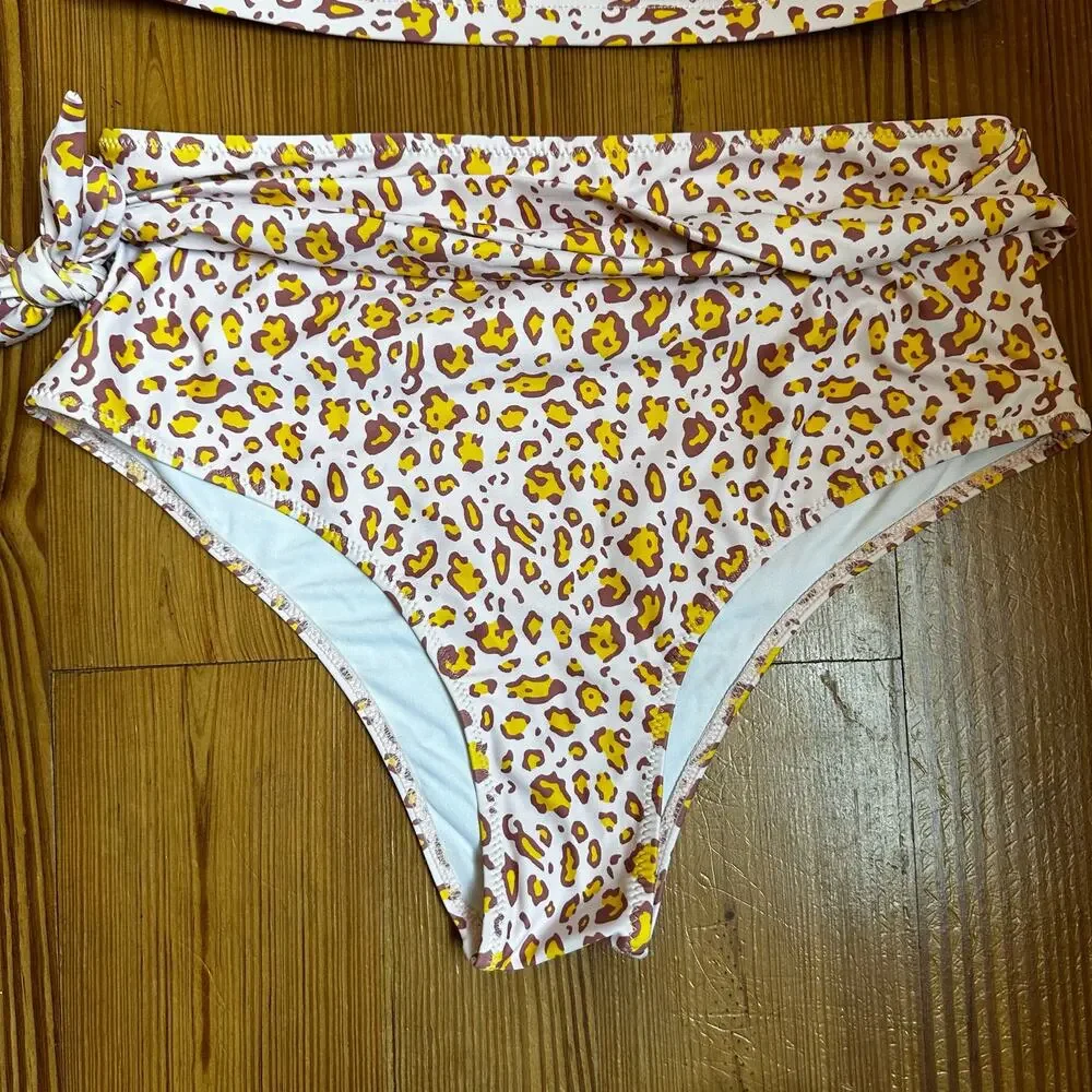 Pink neutral cheetah print high waisted‎ two piece SIZE L